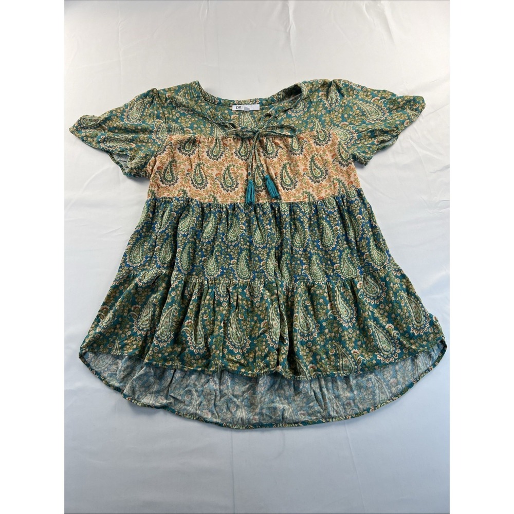 DR2 Women's Medium Short Sleeve Paisley Floral Teal Orange Flowy Boho Blouse Top